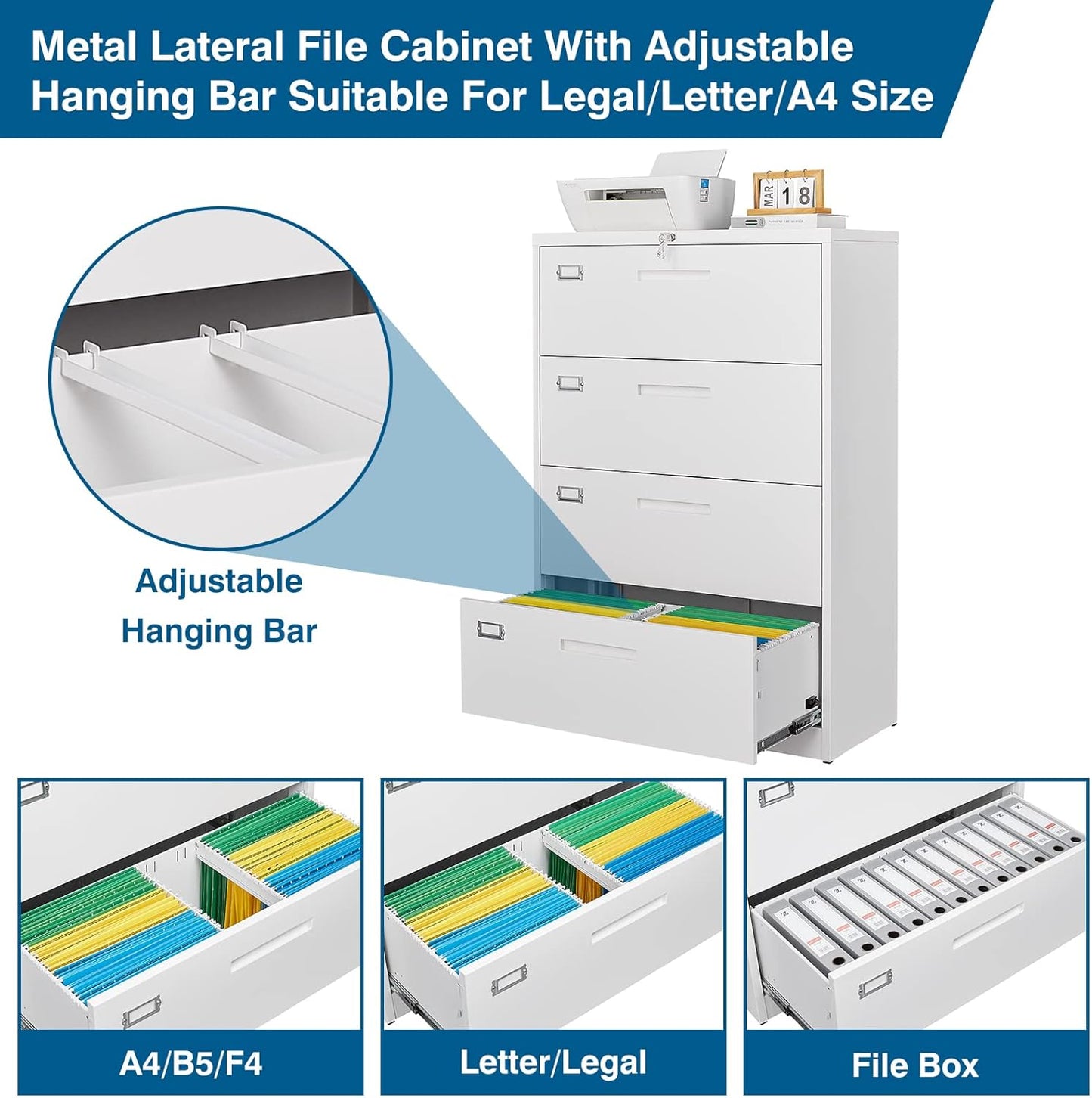 4 Drawer File Cabinet, Lateral Filing Cabinets for Home Office, Office Storage Drawers with Lock, Hanging Files Legal/Letter A4 Size (Assemble Required,White)