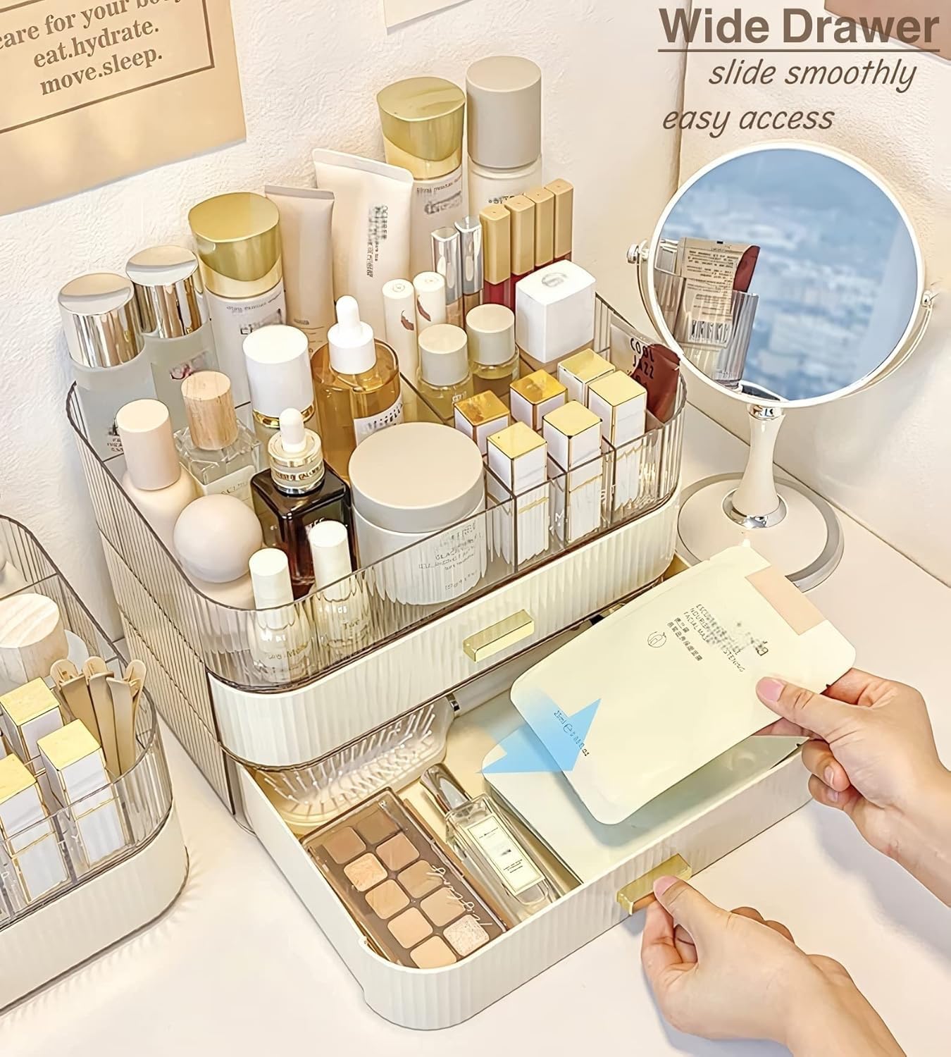 Makeup Organizer with Stackable Drawers, Bathroom Countertop Vanity Organizers and Storage, Ideal for Desk and Dresser, Great for Cosmetics, skin Care, Lipsticks, Nail Care -Cream White