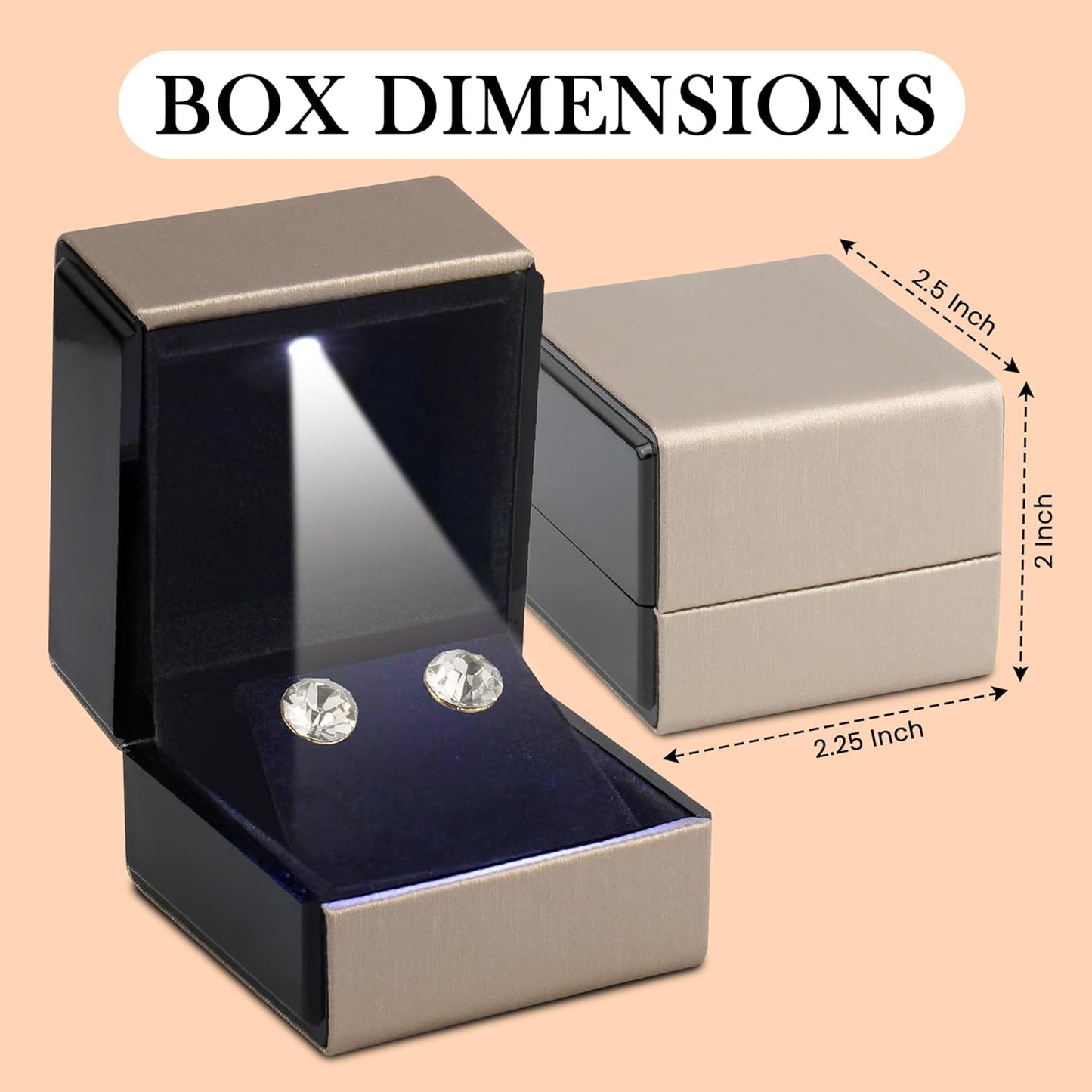 Novel Box Square Shaped Gold Earring Box With LED Light 2.25X2X2.5 Inches - Jewelry Earrings Case Best for Jewelry Displays - Gift Box for Mother's Day, Engagement, Anniversary & more Happy Occasions