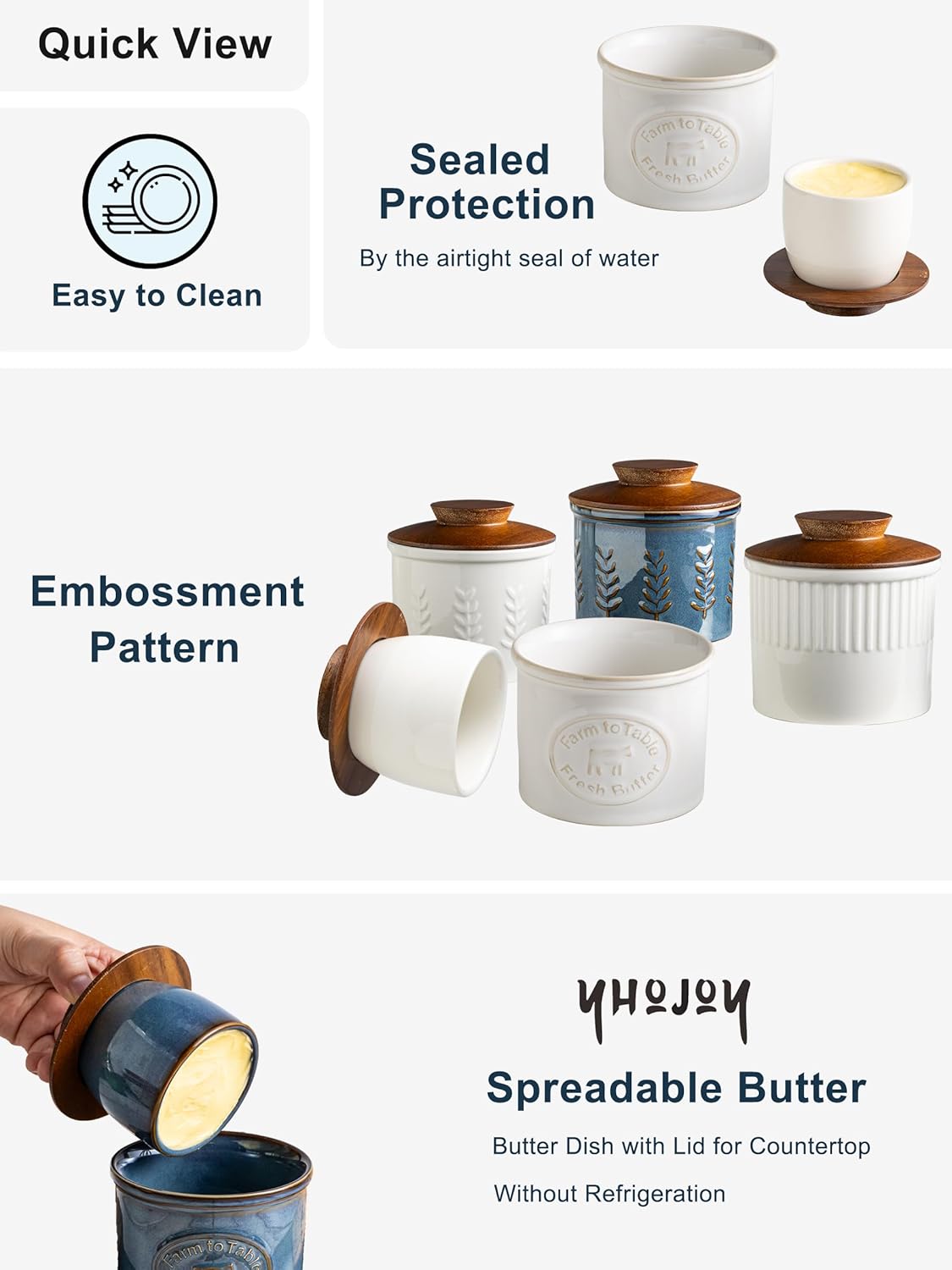 Ceramic Butter Dish With Lid, Butter Crock for Countertop, French Butter Keeper Holder for Spreadable Butter, Cream White