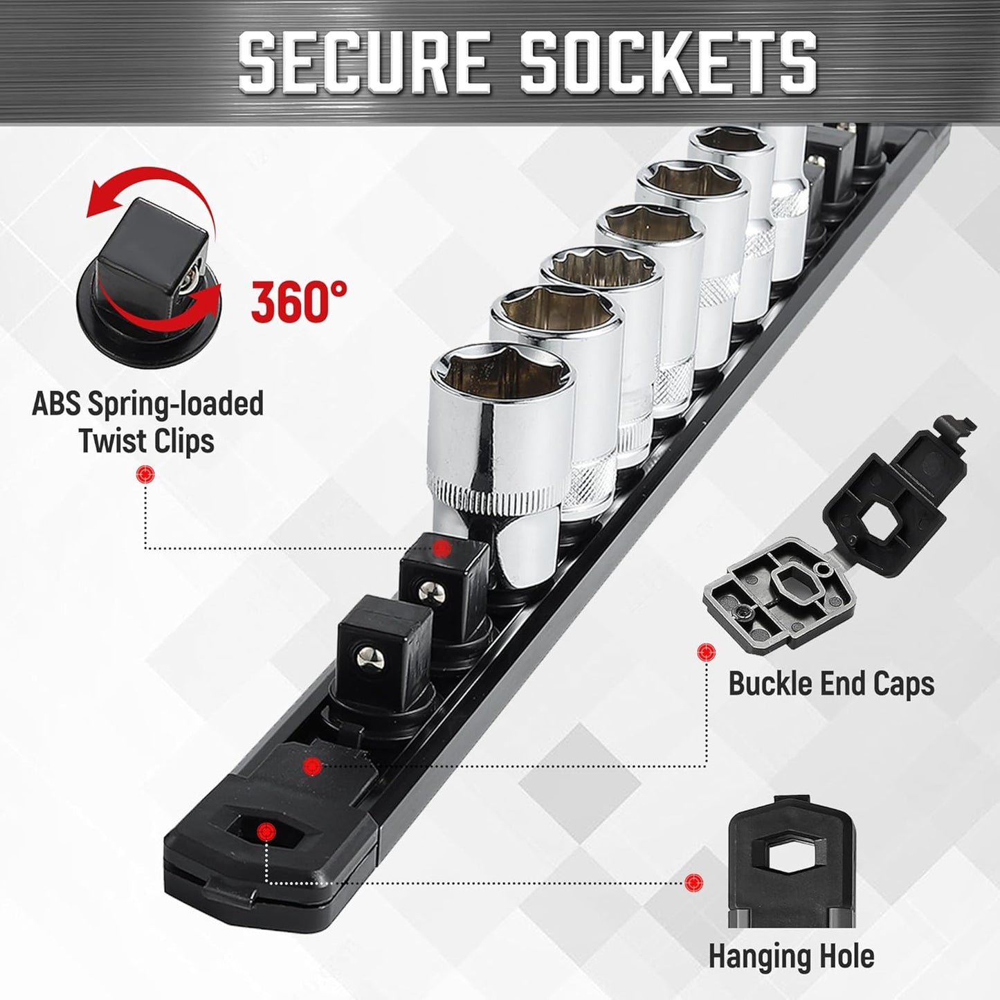 ALOANES 6-Piece Magnetic Socket Organizer, Heavy Duty Aluminum Rails With 360 Swivel Clips Holder Kit for Tool Box, 1/2, 3/8, 1/4-Inch x 80 Clips (Red&Black)