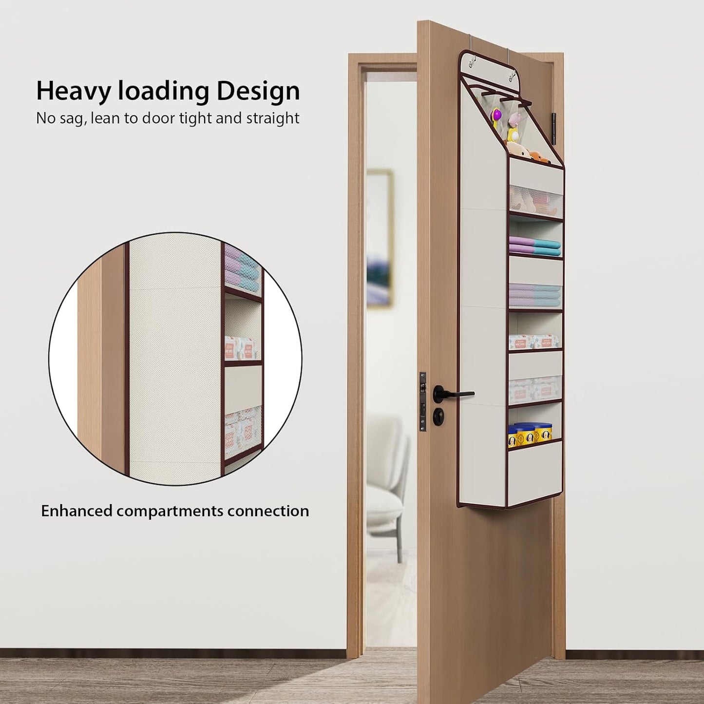Univivi 5-Shelf Fabric Door Storage Over Door Hanging Organizer with 4 Large Pockets and 3 Small PVC Pockets Nursery Closet Cabinet Wall Mount Hanging Storage Organizers for Baby Nursery (Beige)