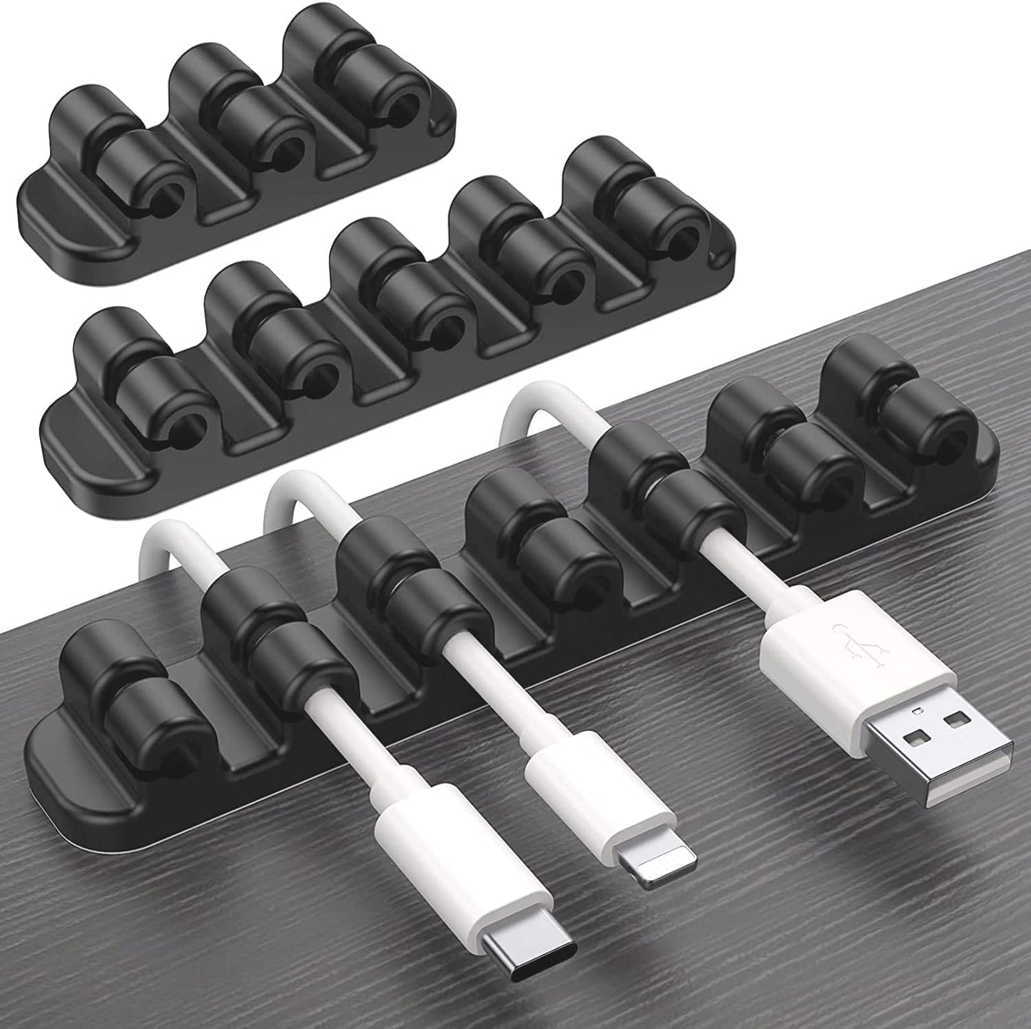 SOULWIT Upgraded Cable Holder, Cable Management Cord Organizer Clips Silicone Self Adhesive for Desktop USB Charging Cable Power Cord Bedside Wire PC Office Home (3/5/7 slot,Black)