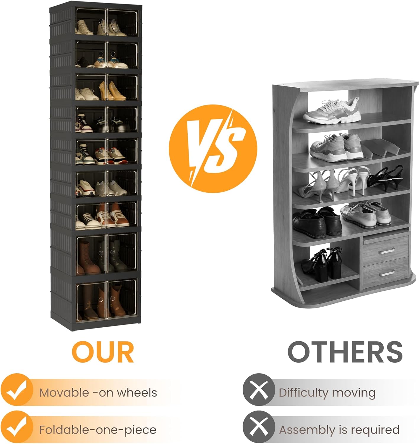 Foldable Shoe Organizer Storage Box, Portable Extra Large Folding Shoe Rack for Closet, Shoe Storage Box with Magnetic Transparent Door and Wheels, 9 Layers 18 Grids with 4 Big Grids