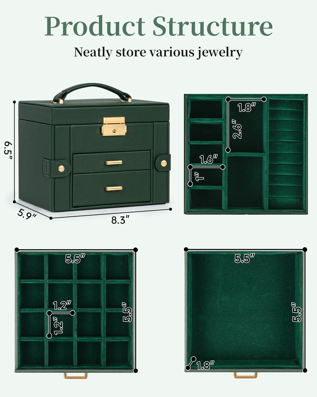 TORIBIO Jewelry Box for Women, Leather Jewelry Organizer with Mirror & Lock, 3-Tier Jewelry Storage Organizer with 2 Drawers for Girls/Women/Mothers, Necklace Earring Bracelets Holder Organizer