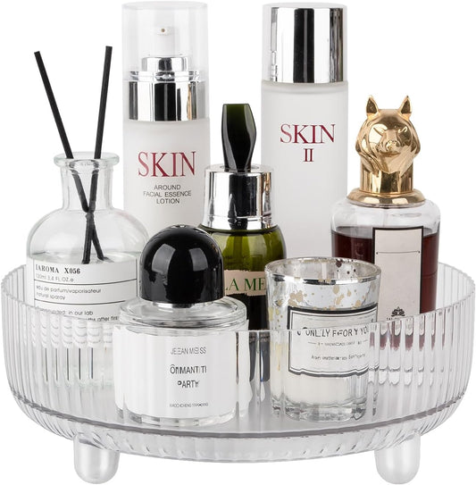360 Rotating Makeup Organizer Perfume Tray Skincare Holder Spinning Cosmetic Storage Bathroom Countertop Organizer Lazy Susan Turntable for Dresser, Vanity, Kitchen, Small Clear