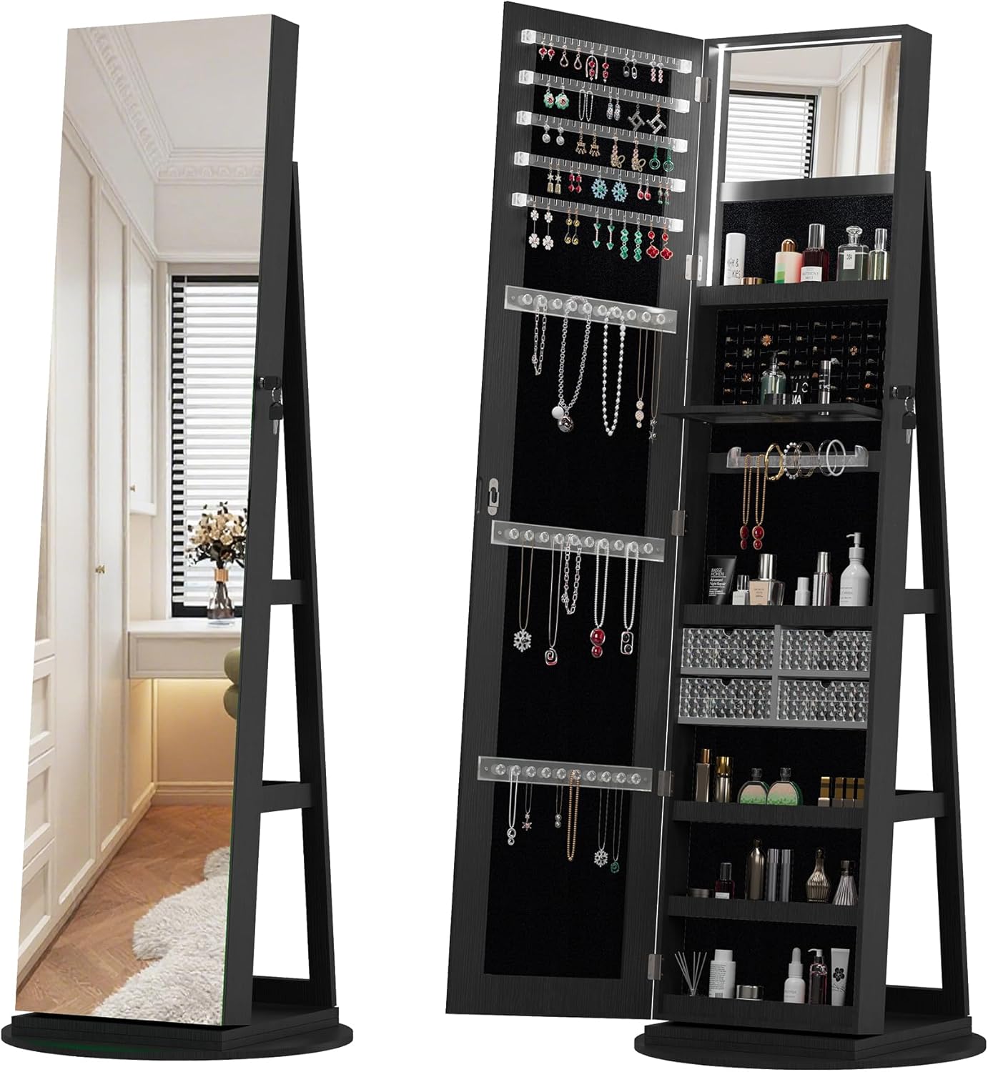 Montary 360° Rotating Jewelry Cabinet with Full-Length Mirror - Freestanding Jewelry Armoire with Lockable Storage, Built-In Lighted Mirror & Back Display Shelves, Black