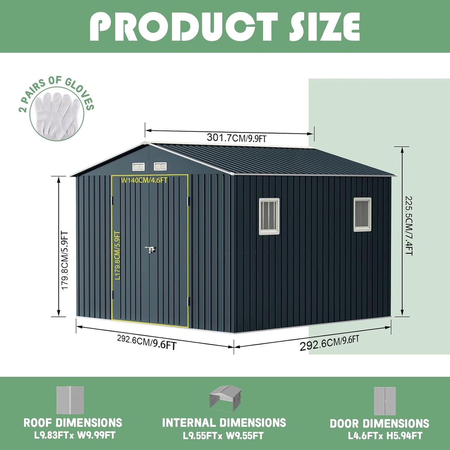 Breezz Outdoor Storage Shed 10 x 10 ft. Utility Tool Shed Metal Storage Garden Shed with Lockable Doors, Windows for Patio Storage,Nightblue