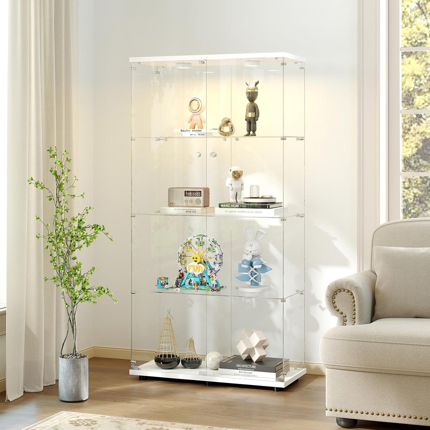 Tempered Glass Display Cabinet with Lights, 4-Tier Curio Cabinet with Glass Doors and Lock, Glass Display Case for Collectibles, for Living Room, Bedroom, Office, Double Door, White