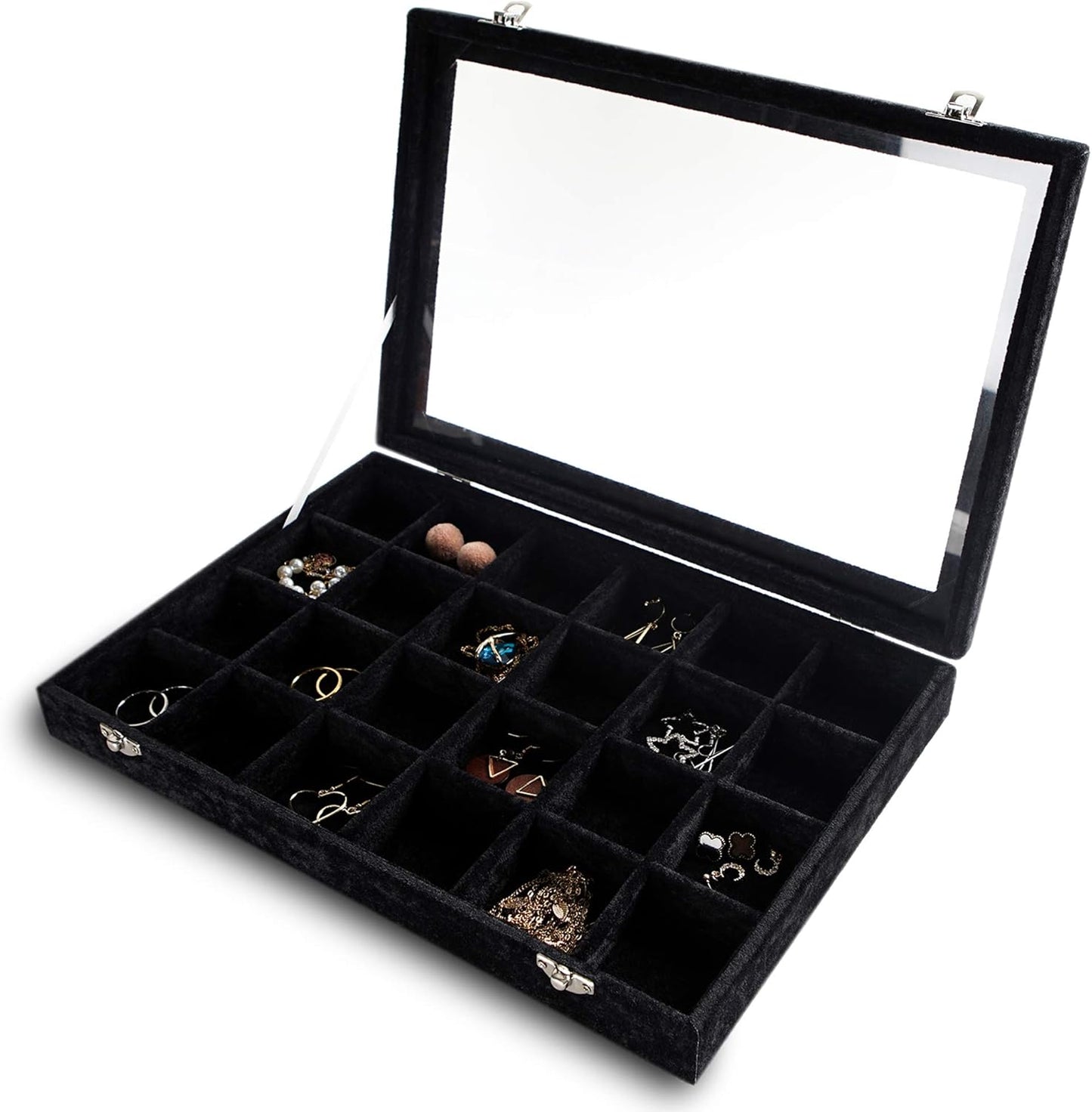 Frebeauty 24 Grid Earring Holder Organizer Tray, Jewelry Organizers and Storage for Drawer,Velvet Jewelry Display Storage for Earrings,Rings,Studs,10.5 x 6.5 x 1.2 Inches Gift for Women (Black)