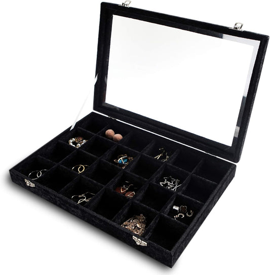 Frebeauty 24 Grid Earring Holder Organizer Tray, Jewelry Organizers and Storage for Drawer,Velvet Jewelry Display Storage for Earrings,Rings,Studs,10.5 x 6.5 x 1.2 Inches Gift for Women (Black)