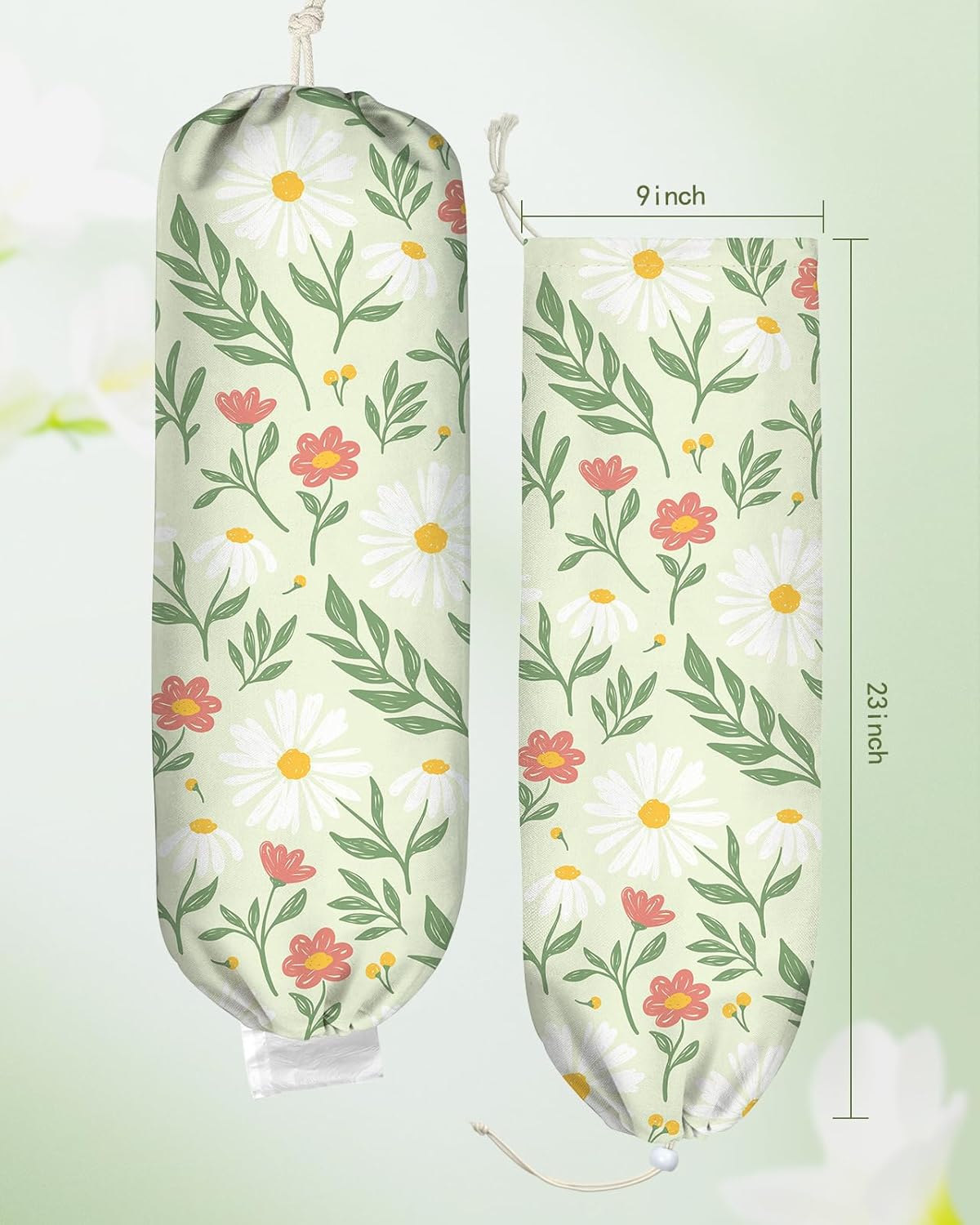 Plastic Bag Holder, Grocery Bag Organizer - 1 Pack Cute Kitchen Dispenser Holders Reusable Shopping Western Hanging Wall with Adjustment Drawstring Closure for Women Home, Daisy