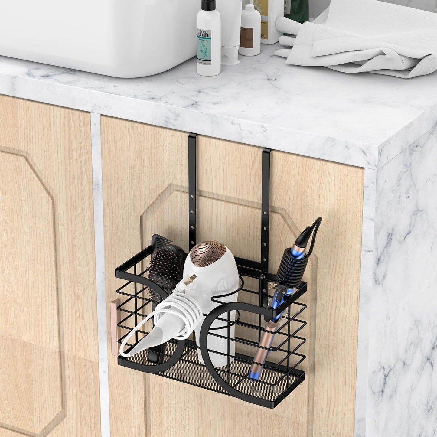 Hair Dryer Holder 3in1 Hair Tool Organizer/Wall Mounted,Cabinet Door or Desk-based Blow Dryer Holder/Height-adjustable Curling Iron Holder/Bathroom Cabinet Organizer for Flat Irons