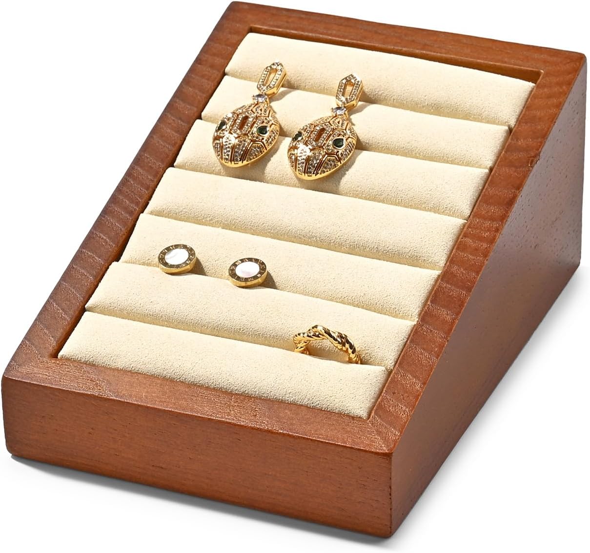 Oirlv Solid Wood Ring Tray Display Stand Slotted Jewelry Ring Showcase Display Jewelry Organizer for Trade Showcase(Creamy-white)