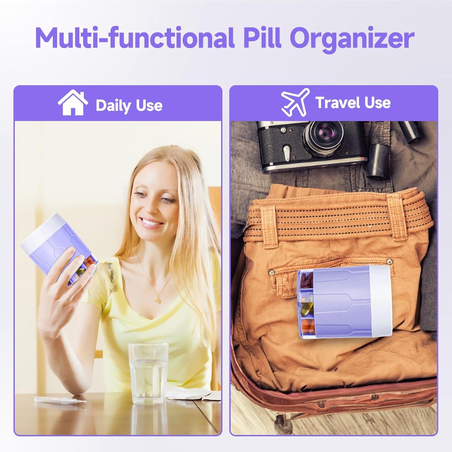 Daviky Pill Bottle Organizer, Supplement Organizer with 7 Large Compartments, Travel Pill Dispenser Round Pill Box with Two Lids（Purple）