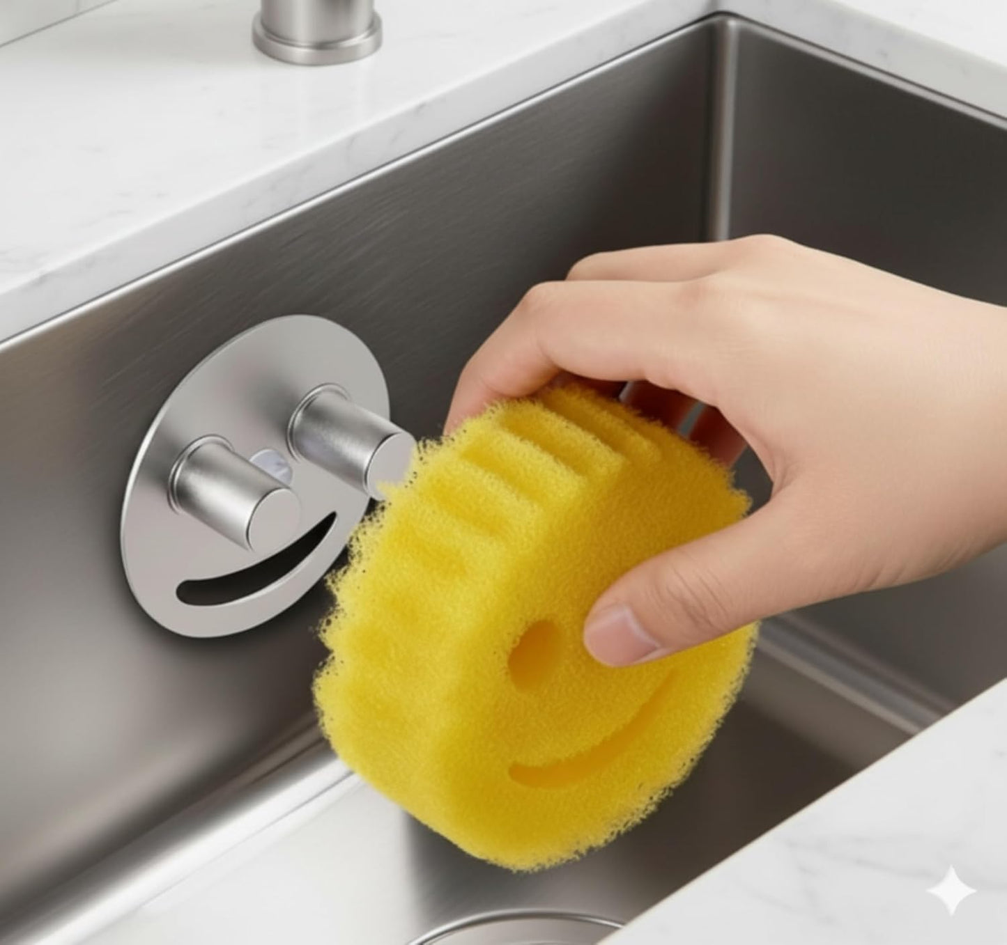 Smiley face sponge holder, kitchen Sink Caddy Organizer with Suction cup,Made of rust-proof aluminum that never rusts for Mommy & Daddy Sponges silvery (1-Pack）
