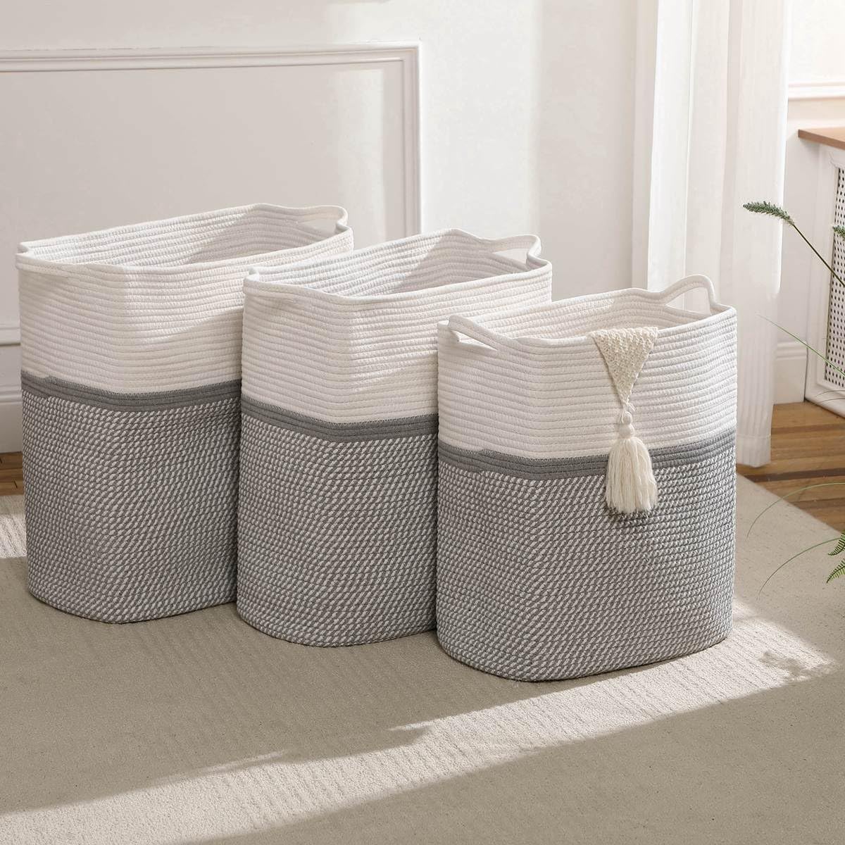 Tall Laundry Basket With Handles,Woven Cotton Rope Big Laundry Hamper Sorters,Versatile Storage for Dirty Clothes,Baby Toys,and Blankets in Bathroom, Nursery,and Living Room (White/Gray, 68L)