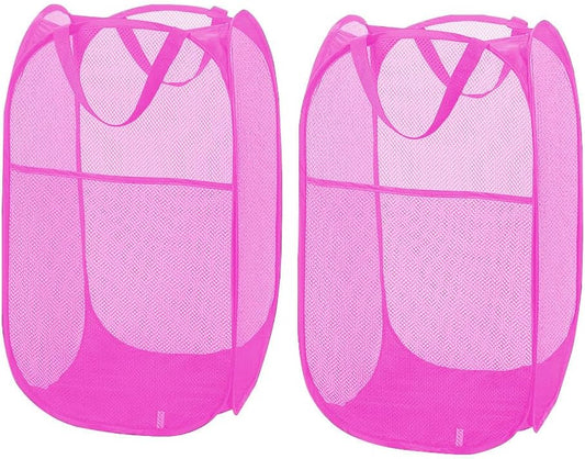 Larpur 2Pack Foldable Popup Laundry Basket, Collapsible Portable Mesh Clothes Washing Laundry Hamper with Reinforced Carry Handles (Pink)