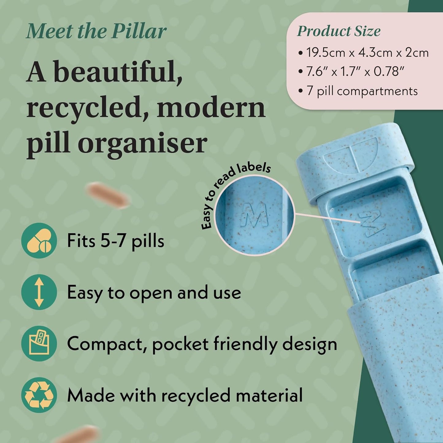Pillar - 7-Day Pill Organizer | Weekly Medicine Pill Container Travel Box - Aesthetic Medication Holder - Stylish Travel Pill Case - Cute Small Medication Organizer 7 Day for Women (Powder Blue)