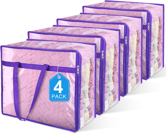 4 Pack Clear Zippered Storage Bags for Clothes, Closet Organizers and Storage Vinyl Bag for Bedding, Linen, Blankets, Comforters, Clothes & Toys Multi Purpose & Space Saver PVC Organizers