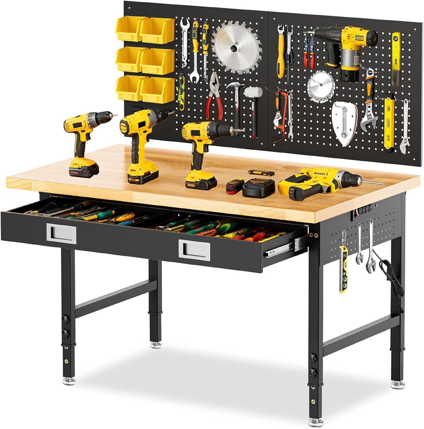 48" Workbench with Drawers, Adjustable Height Work Bench 2000 LBS Heavy-Duty Work Table Rubber Wood Work Station with Power Outlet & Pegboard for Garage, Office, Workshop, Home, Party Shop