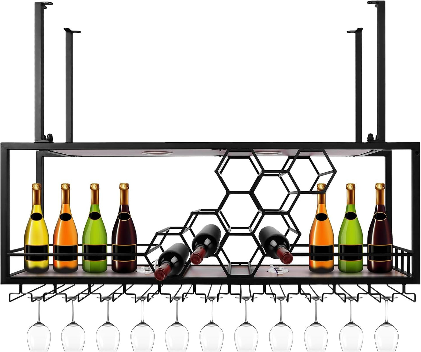 Metal Hanging Wine Rack Hanging Organizer Ceiling Bar Wine Glass Rack with Glass Holder and Shelf Multi Functionl Wine Bottle Holder Organizer, for Bar Cafe Kitchen