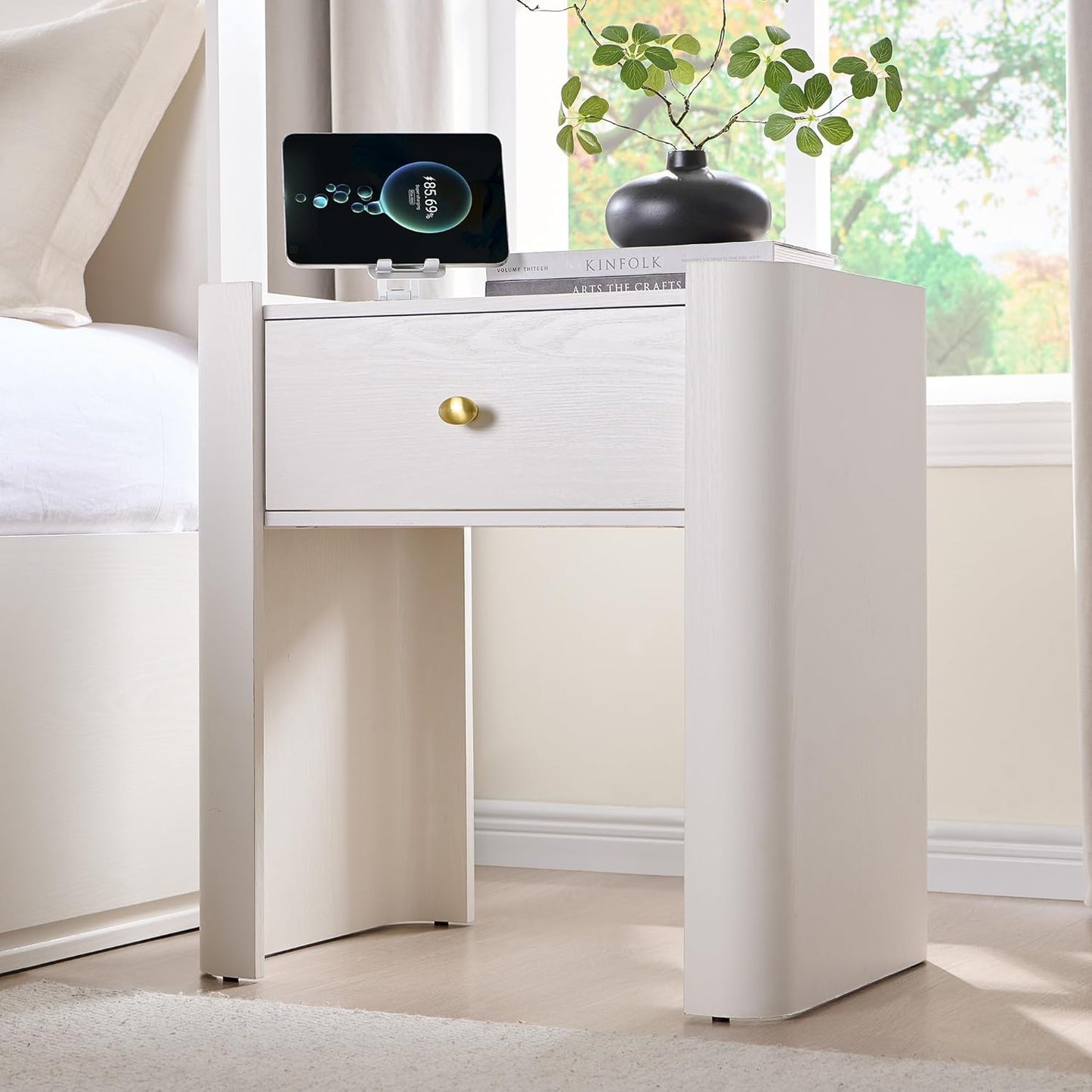 23.6" Tall Modern Nightstand with Charging Station, 22" Wide Curved Bedside Table with 1 Storage Drawer, Wooden Night Stand, Large End Table for Bedroom, Living Room, White