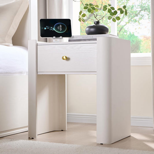 23.6" Tall Modern Nightstand with Charging Station, 22" Wide Curved Bedside Table with 1 Storage Drawer, Wooden Night Stand, Large End Table for Bedroom, Living Room, White