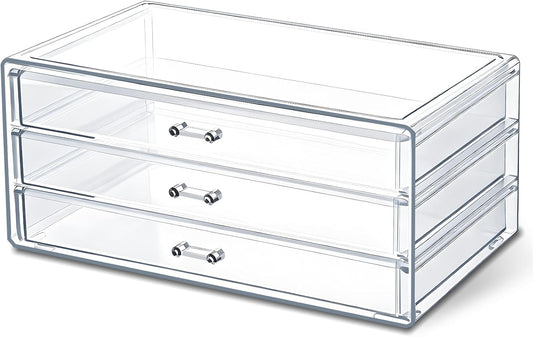 Acrylic Drawers Stackable, 9.3 X 5.3 X 4 Inch Stackable Makeup Organizer Acrylic 3 Drawer Storage Organizers Clear Stationery Organizer for Dresser, Bathroom, Vanity, Countertop