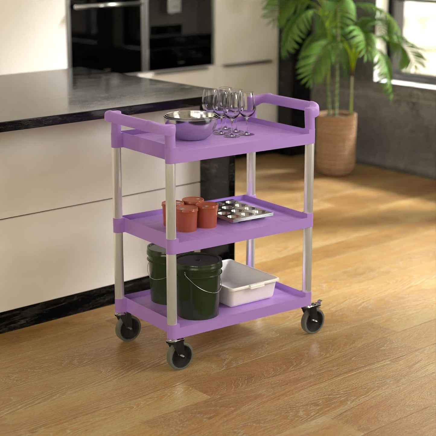 Purple Utility/Bussing Cart with Three Shelves - 32" x 16"