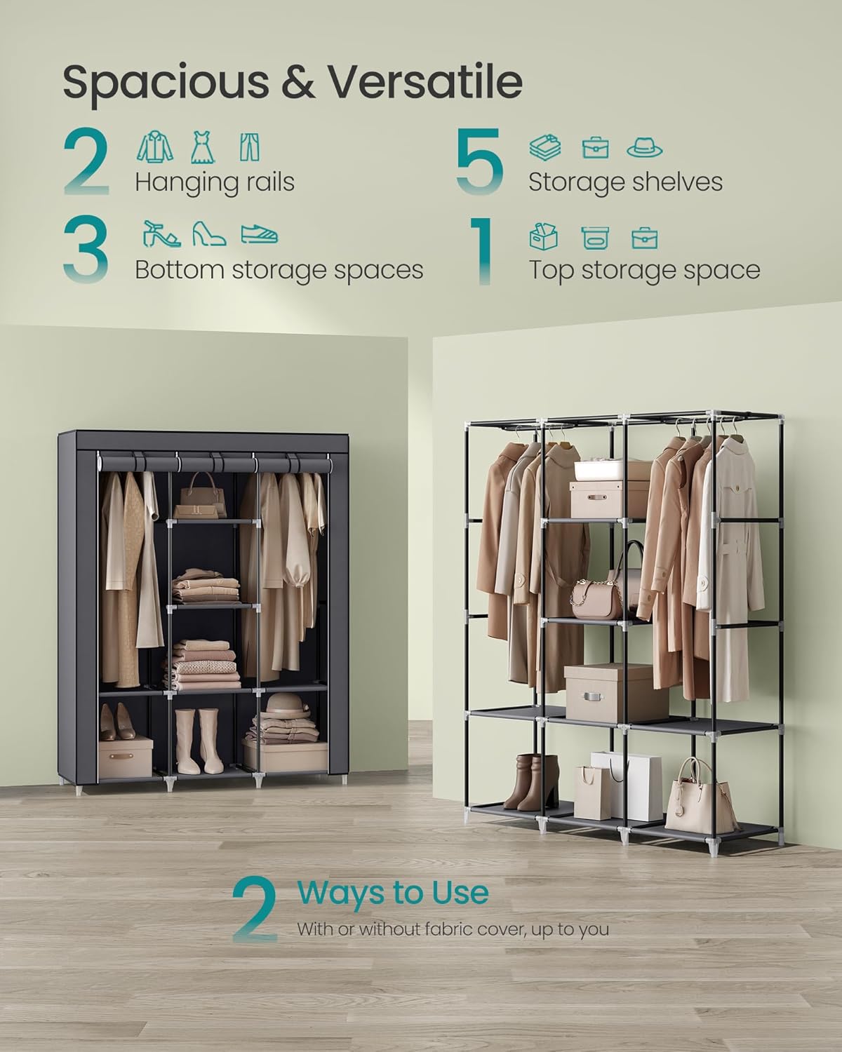 SONGMICS Portable Closet, 51.2 Inch Large Capacity Wardrobe Closet Organizer with Fabric Cover, Hanging Rods and Shelves, 51.2 x 17.7 x 66.1 Inches, for Bedroom, Living Room, Dove Grey URYG096G01