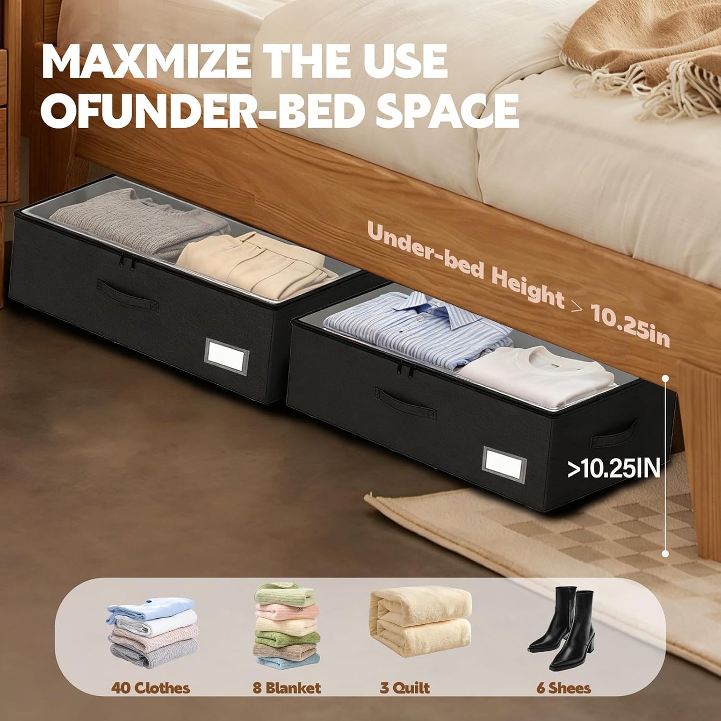 Under Bed Storage with Wheels, 2-Pack Under Bed Storage Containers, No Assemble Required 10 inches Height, Rolling underbed storage Drawers, Underbed Storage Bins for Shoes, Clothes, Blankets, Toys