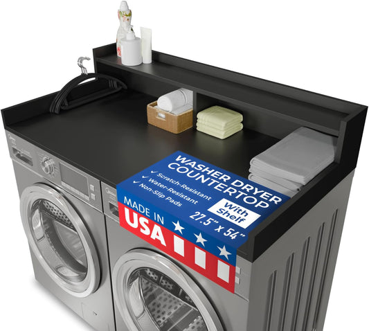 OfficeSimpli Washer Dryer Countertop with Shelf - 27.5 x 54 Inch - Made in USA Laundry Countertop Over Washer and Dryer with Non-Slip Pads, Storage Shelf, Laundry Topper Organizer, Black