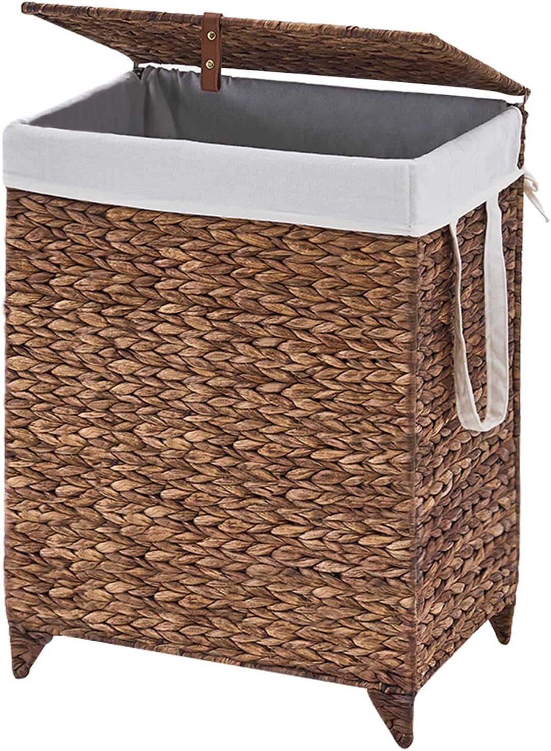 Laundry Hamper with Lid and Removable Liner Bag, Handwoven Natural Hyacinth Clothes Hamper with Heightened Feet, Wicker Laundry Basket for Clothes and Towels，Middle