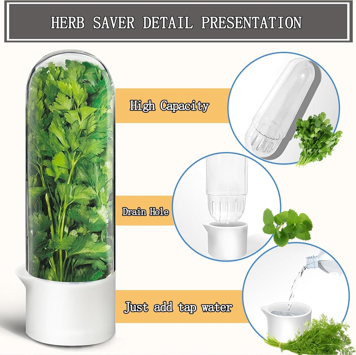 Herb Saver, Herb Keeper for Refrigerator, Cilantro Container for Fridge, Fresh Herbs Lettuce Vegetable Preservation Bottle Keeper Parsley Mint Refrigerator Storage for Fresh for 2-3 Weeks