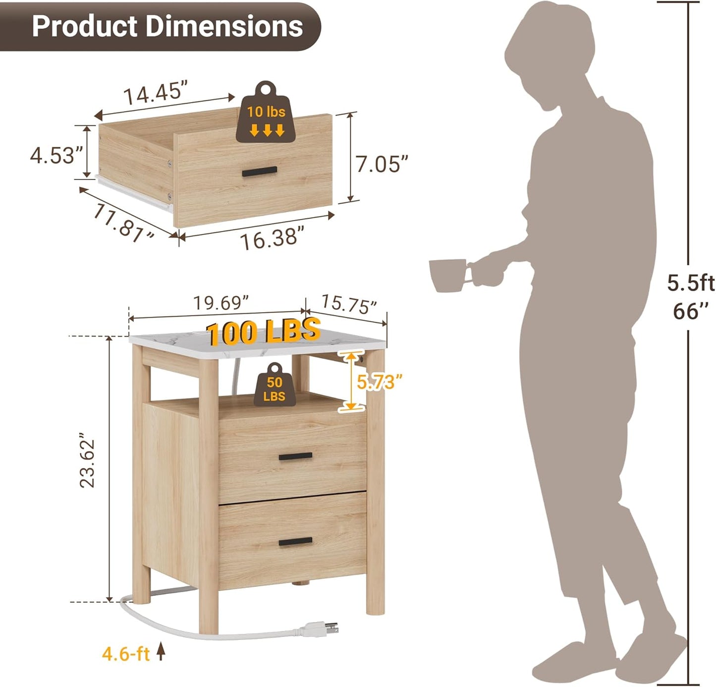 Night Stand with Charging Station, 20" Large Modern Nightstand with Faux Marble Top, 2 Drawers End Table with Solid Round Post Legs & Open Shelf for Bedroom, Natural Oak