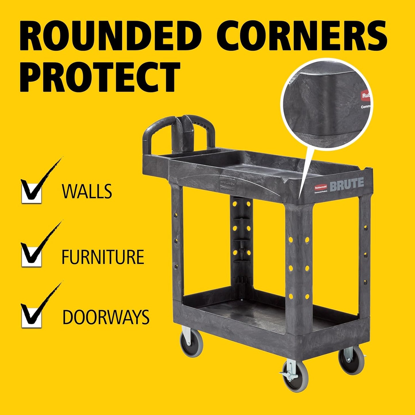 Rubbermaid Commercial Products 2-Shelf Utility/Service Cart, Small, Lipped Shelves, Ergonomic Handle, 500 lbs. Capacity, for Warehouse/Garage/Cleaning/Manufacturing