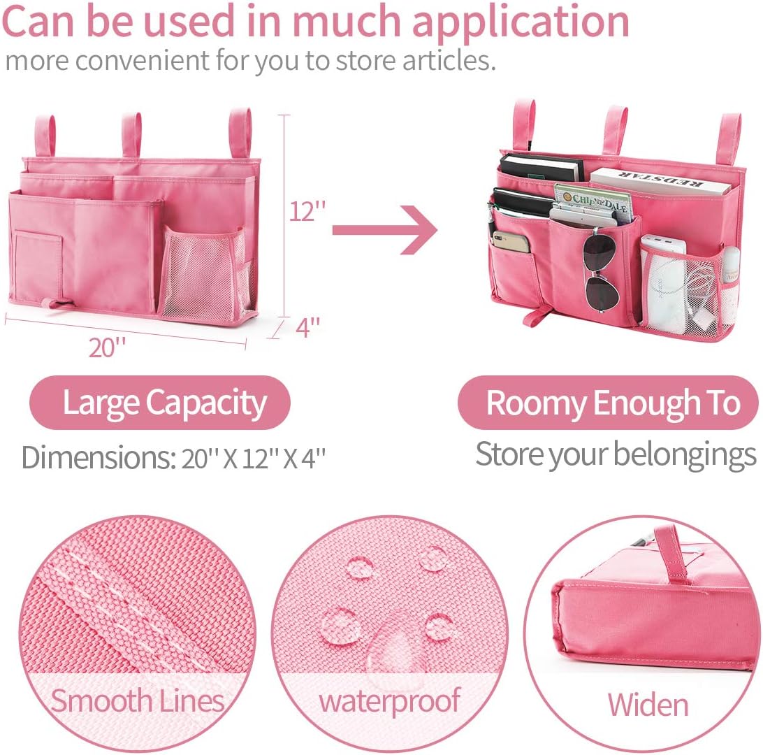 Bseash Bunk Bed Organizer, Bedside Caddy Hanging Bed Organizer Storage Bag 8 Pockets, for College Dorm Rooms Bed, Hospital Bed, Baby Bed Rails, 600D Oxford Cloth (Pink)