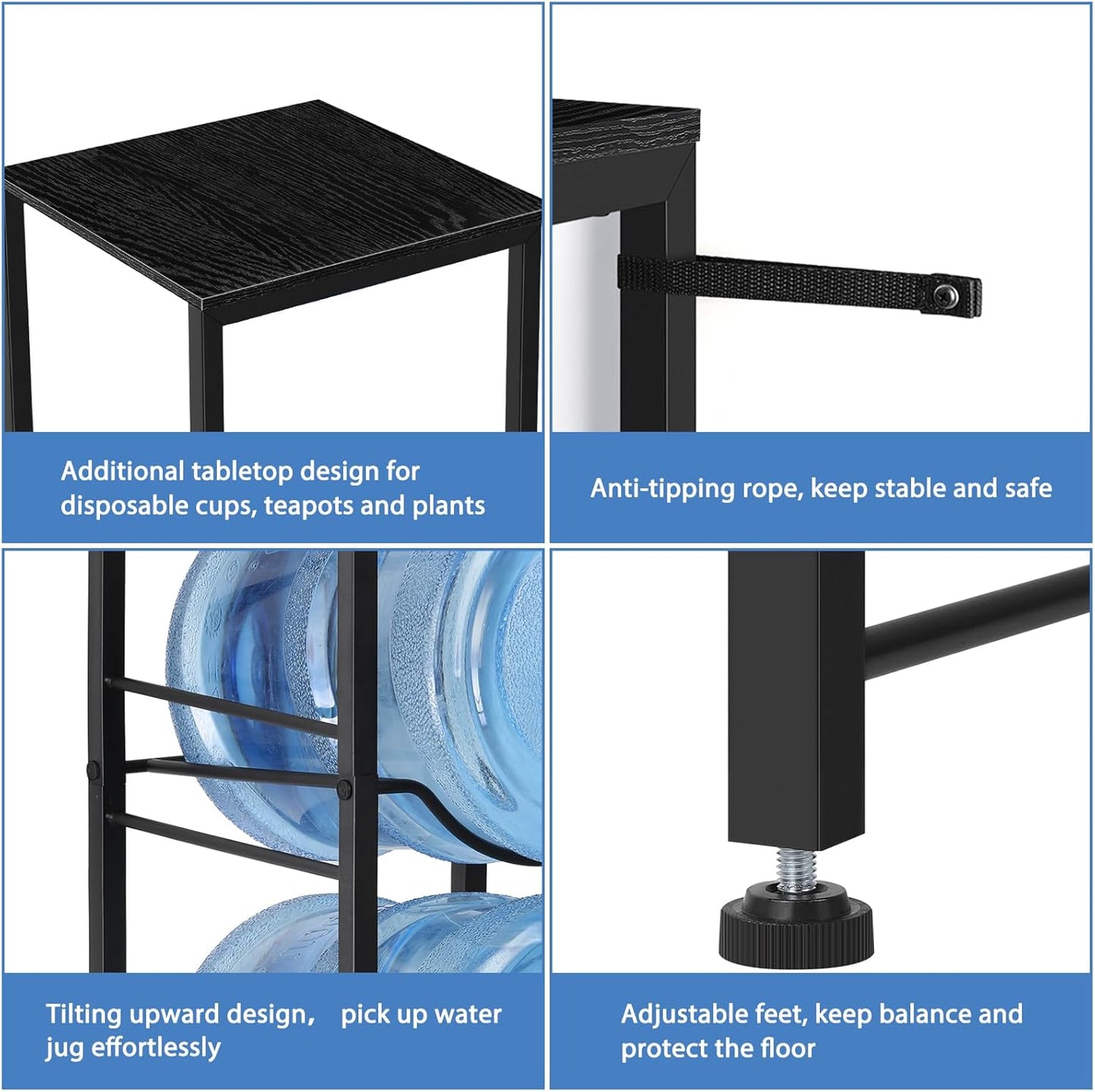 smusei 5 Gallon Water Jug Holder Heavy Duty 4 Tier Water Bottle Holder with Storage Shelves Detachable Water Jug Rack for 5 Gallon, Water jug Stand Organizer for Office Living Room, Black
