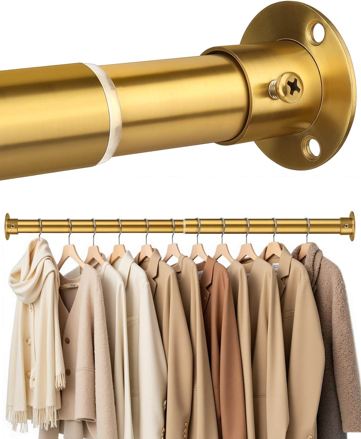 Closet Rods for Hanging Clothes, 17-28 Inch Heavy Duty and Stepless Adjustable Closet Poles, Stainless Steel Closet Hanging Rod for Closet, Wardrobes, Laundry Room, Bathroom, RV (Gold)