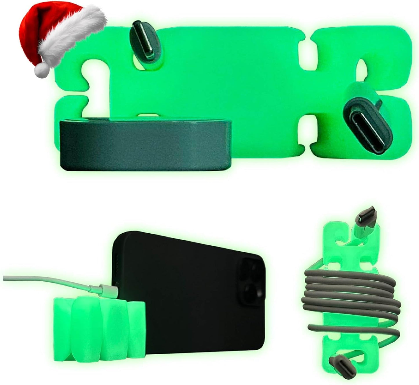 GlowBrick Stocking Stuffers for Adults Cord Management Weighted Cord Holder Cable Wrap Phone Stand - Glow-in-The-Dark Gadget Organizer for Nightstand. Gift for Men, Silicone. Glowing Green
