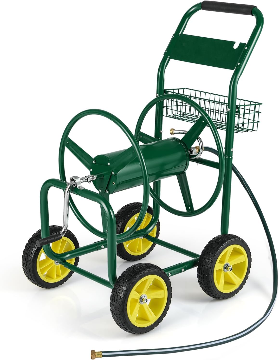 Goplus Garden Hose Reel Cart, 300 FT of 5/8" Large Capacity, Heavy-Duty Metal Hose Cart w/ 4 Wheels, Storage Basket, Portable Water Hose Organizer for Outside Yard, Outdoor Planting Tool (Blue)