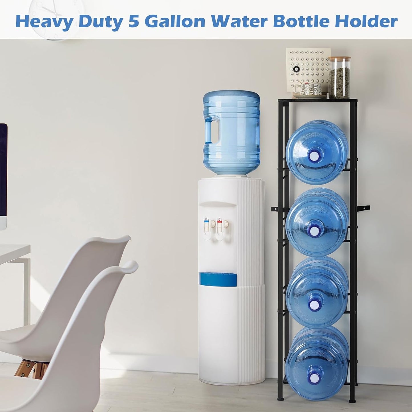 smusei 5 Gallon Water Jug Holder Heavy Duty 4 Tier Water Bottle Holder with Storage Shelves Detachable Water Jug Rack for 5 Gallon, Water jug Stand Organizer for Office Living Room, Black