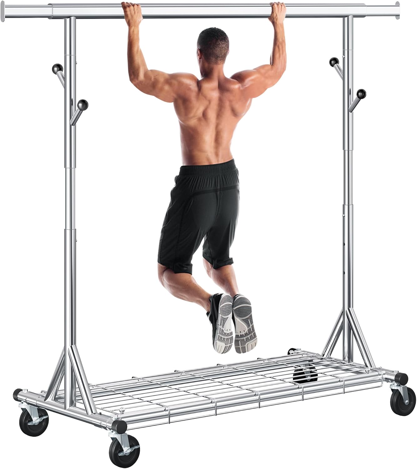 Heavy Duty Clothes Rack Load 530 lbs, Metal Rolling Clothing Rack With Sturdy Wheel And Shelves, Adjustable Portable Hanging Garment Rack For Clothes,Chrome Stainless Steel