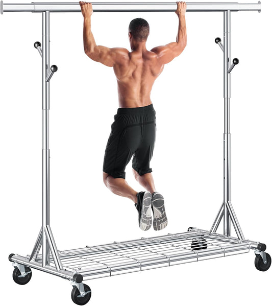 Heavy Duty Clothes Rack Load 530 lbs, Metal Rolling Clothing Rack With Sturdy Wheel And Shelves, Adjustable Portable Hanging Garment Rack For Clothes,Chrome Stainless Steel
