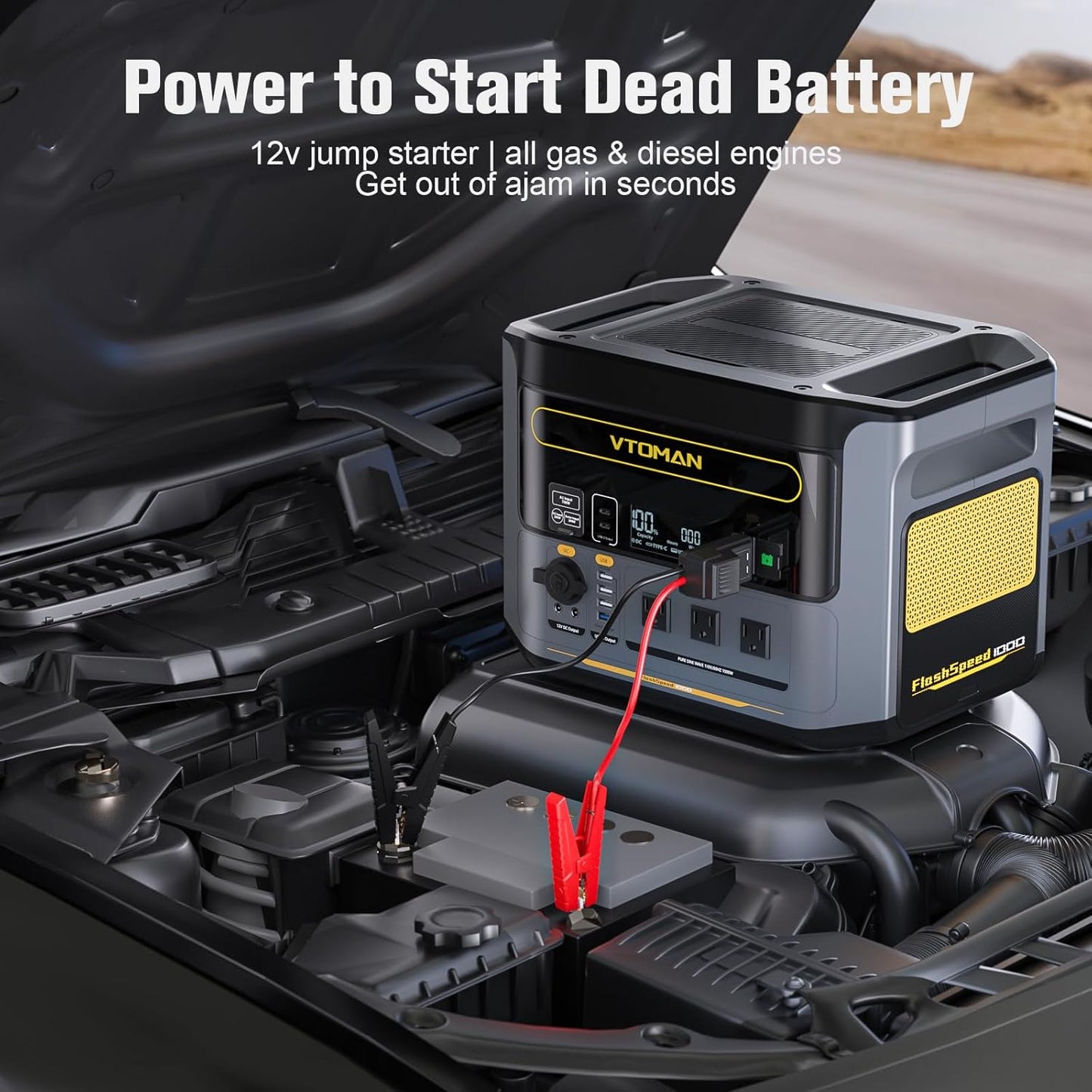 VTOMAN FlashSpeed 1000 Portable Power Station with Jumper Cables, 828Wh LiFePO4 Solar Generator & Car Jump Starter, 1H Fast Charging, 2000W Peak for Home Backup, Camping, Roadside Emergencies