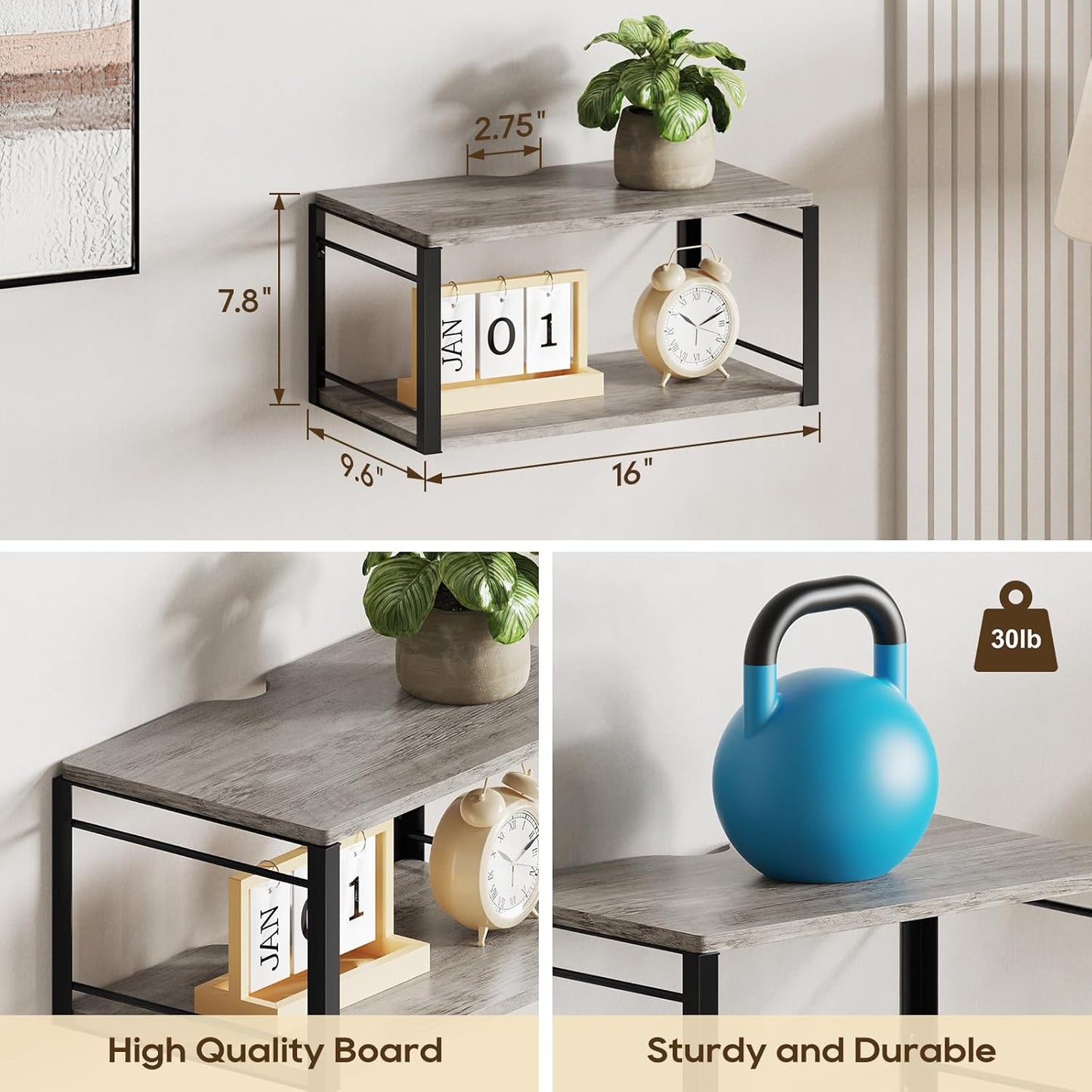 Floating Nightstand Wall Shelf, Wood Bedside Shelf Wall Mounted Nightstand Set of 2, Floating Bedside Table for Bedroom, Living Room, Bathroom, Kitchen, Office(Vintage Gray)