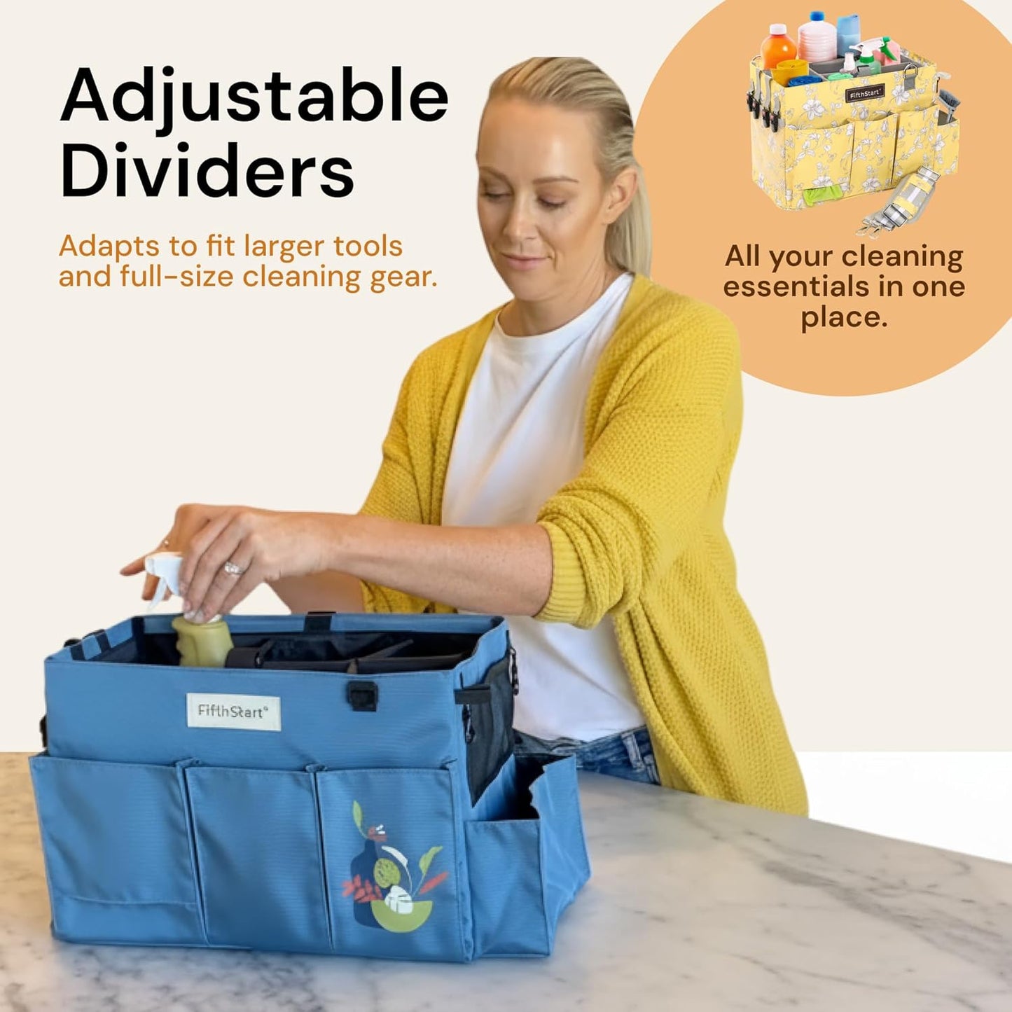 FifthStart Multipurpose Cleaning Caddy with Waist & Shoulder Strap - Diaper Caddy with 9 Pockets, Mesh Base & Adjustable Compartments - Cleaning Supplies Organizer (Yellow Floral, Small)