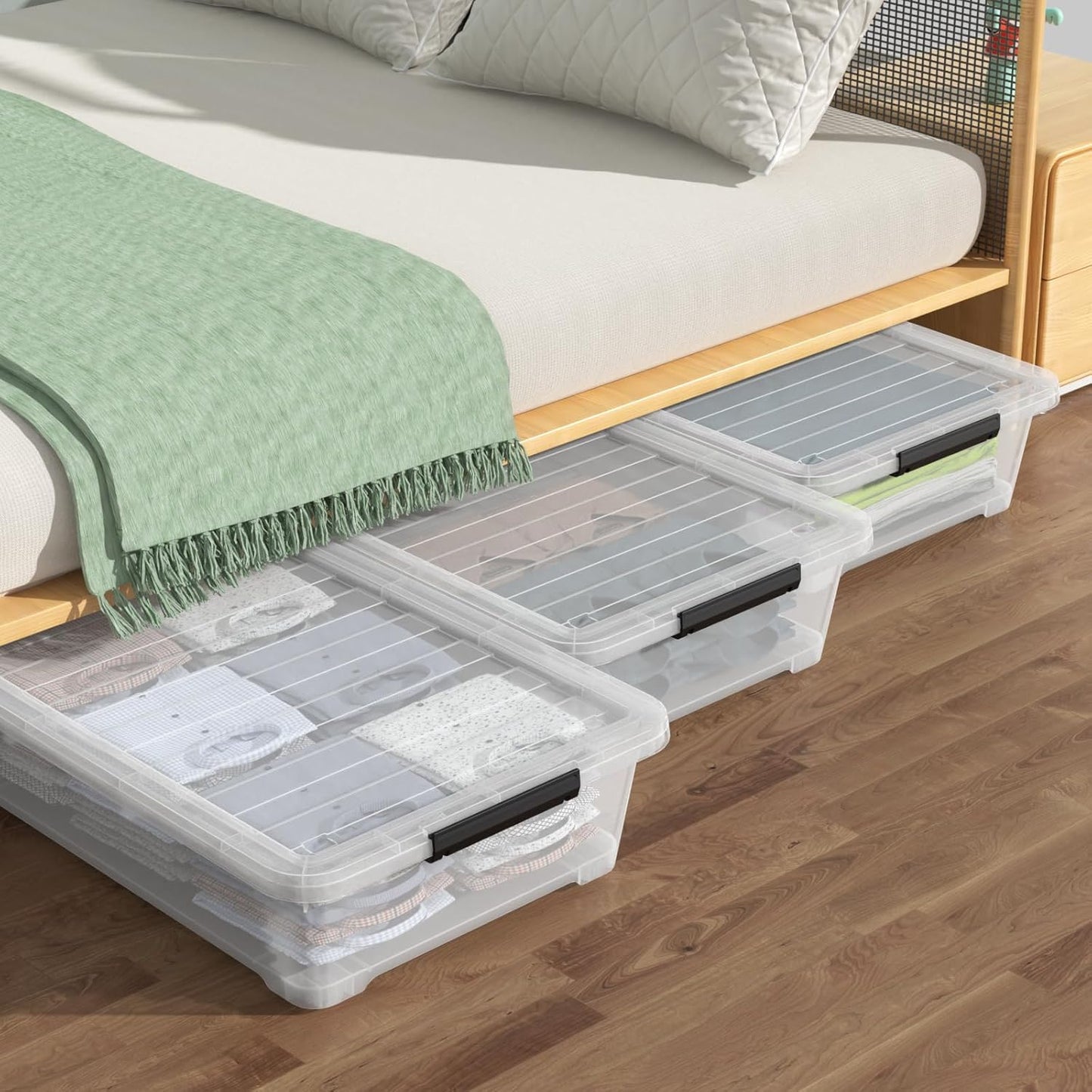 40 Quarts Clear Stackable Underbed Box, Shallow Underbed Bins with Wheels Set of 3