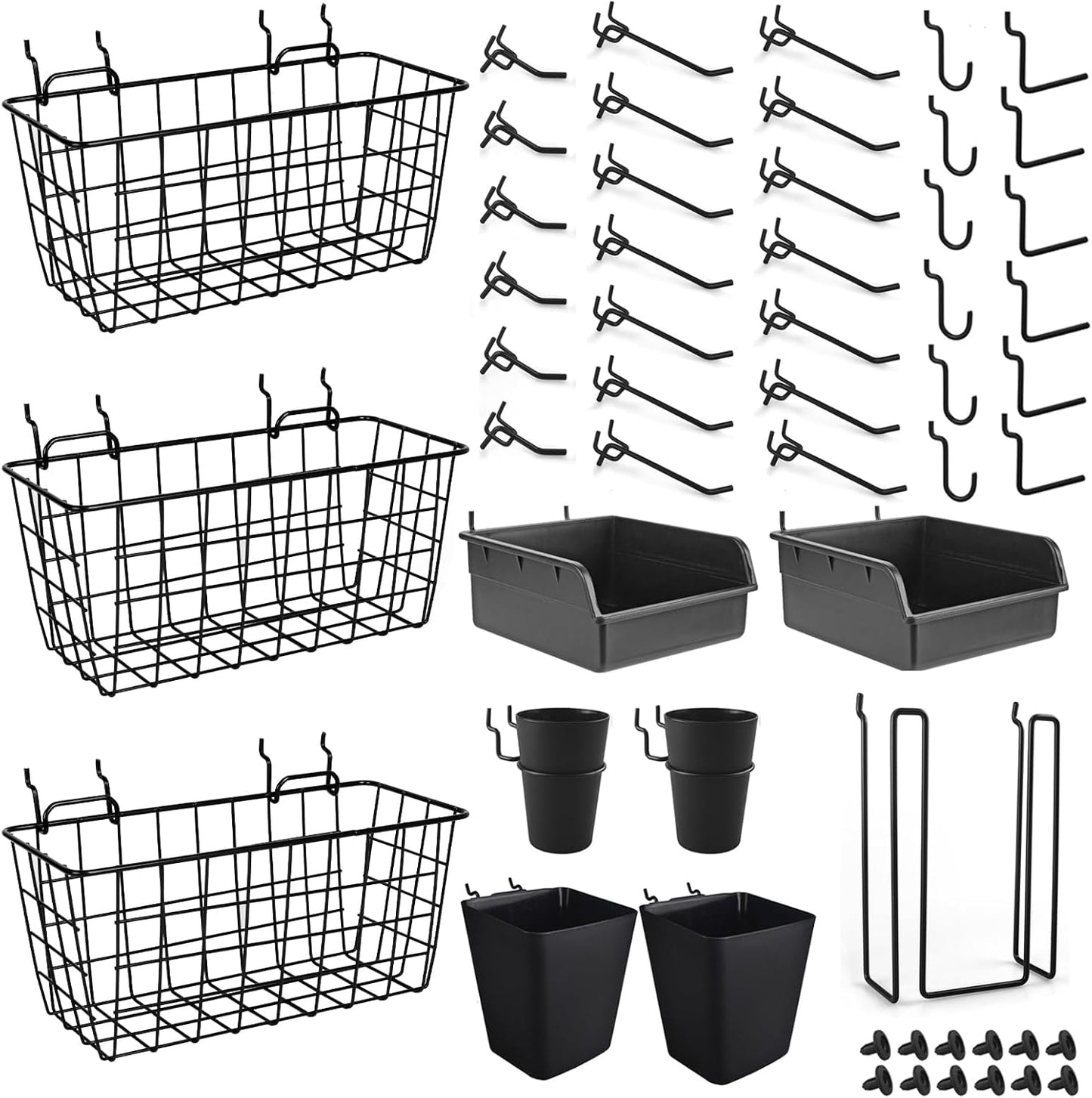 Pegboard Basket Organizers, Peg Board Large Baskets Hooks Bins Cups Tool Organizer 42 Pack Set, Wall Storage Display Hanging Accessories for Craft Office Stadio Shed Garage Organization (Black)
